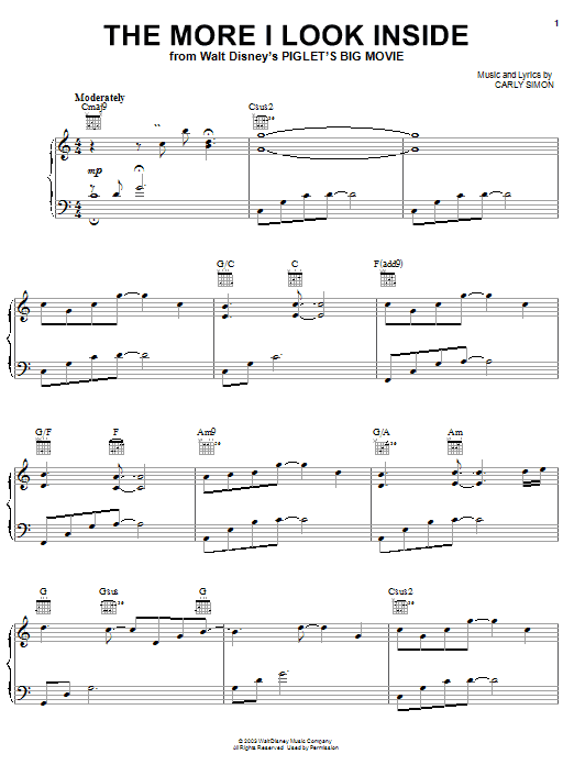 Preview Carly Simon The More I Look Inside Film and TV sheet music, notes and chords for Piano, Vocal & Guitar (Right-Hand Melody), SKU: 23283 sheet music, piano notes, chords, guitar tabs, score, transpose, transcribe, how to play, guide, download, learn, tutorial, progression, song, artist, awards, billboard, mtv, vh1, tour, single, album, release