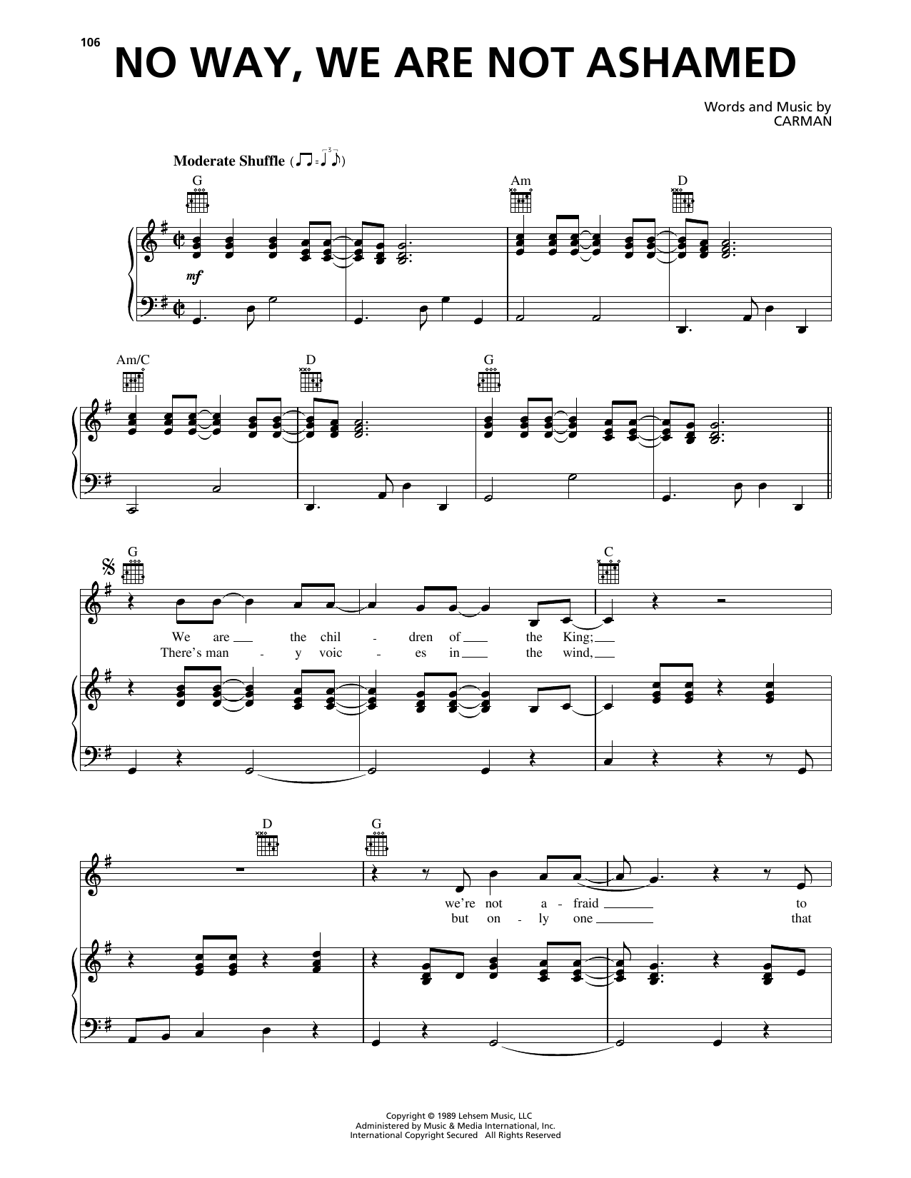 Carman No Way, We Are Not Ashamed Sheet Music Notes & Chords for Piano, Vocal & Guitar Chords (Right-Hand Melody) - Download or Print PDF