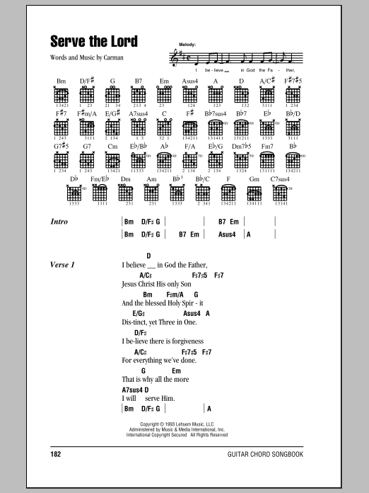 Preview Carman Serve The Lord Pop sheet music, notes and chords for Lyrics & Chords, SKU: 82159 Serve The Lord sheet music