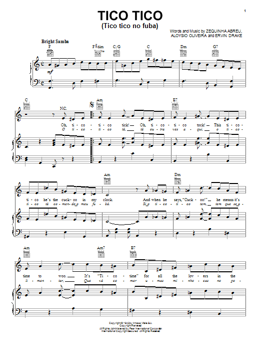 Carmen Miranda Tico Tico (Tico Tico No Fuba) Sheet Music Notes & Chords for Lyrics & Chords - Download or Print PDF
