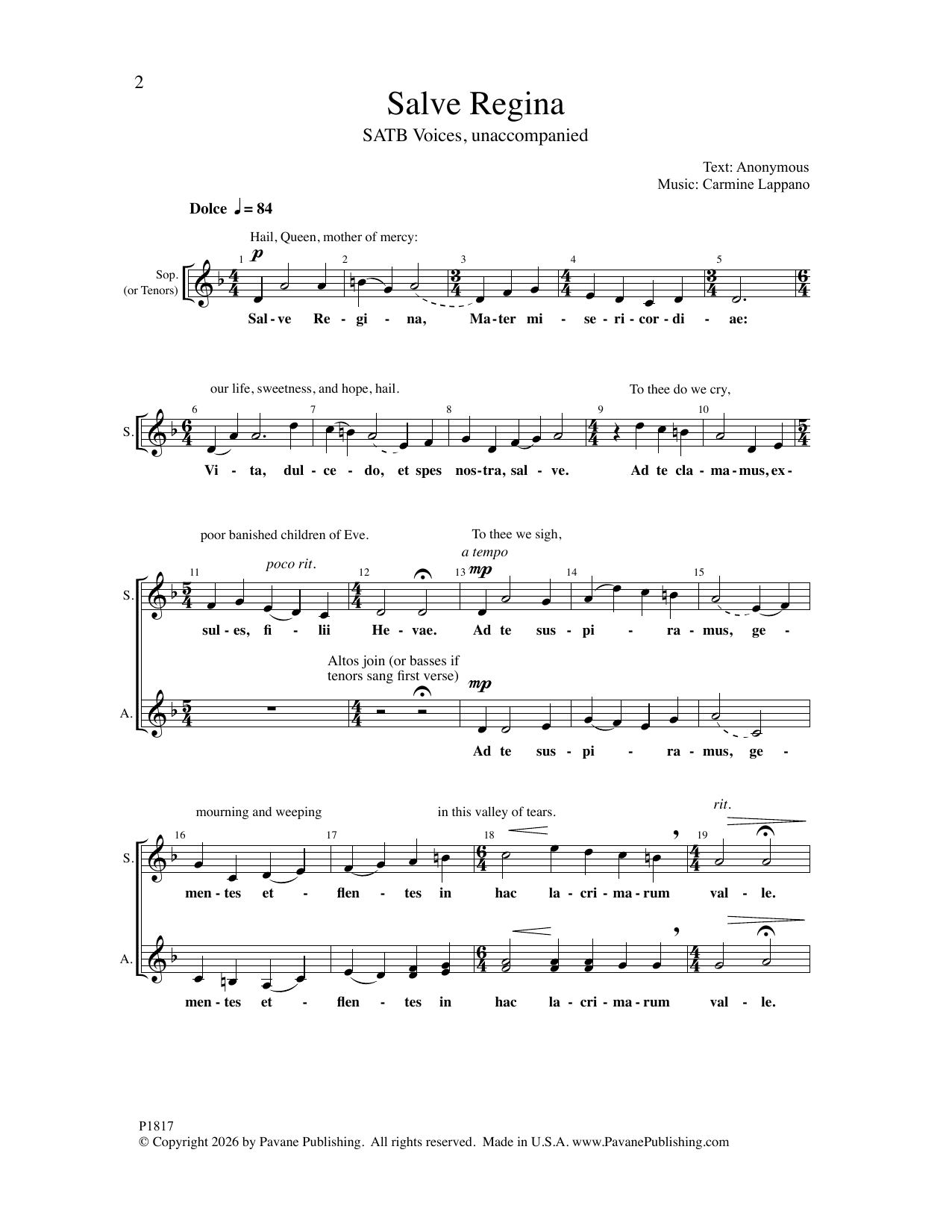 Carmine Lappano Salve Regina Sheet Music Notes & Chords for SATB Choir - Download or Print PDF