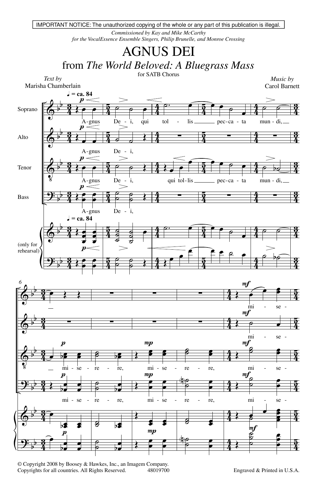 Carol Barnett Agnus Dei (from The World Beloved: A Bluegrass Mass) Sheet Music Notes & Chords for SATB Choir - Download or Print PDF