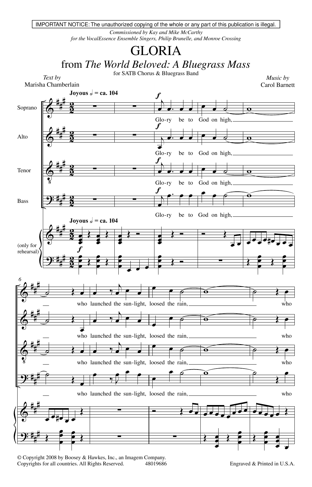 Carol Barnett Gloria (from The World Beloved: A Bluegrass Mass) Sheet Music Notes & Chords for SATB Choir - Download or Print PDF