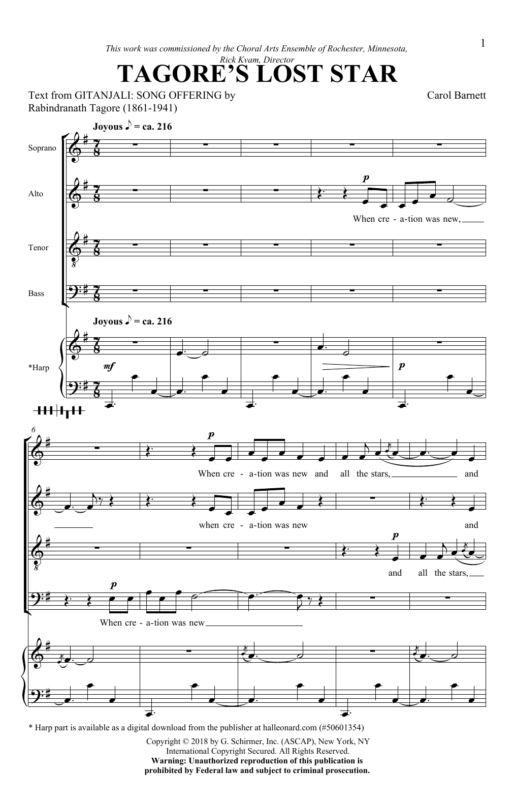 Carol Barnett Tagore's Lost Star Sheet Music Notes & Chords for SATB - Download or Print PDF Carol Barnett Tagore's Lost Star Sheet Music Notes & Chords for SATB - Download or Print PDF