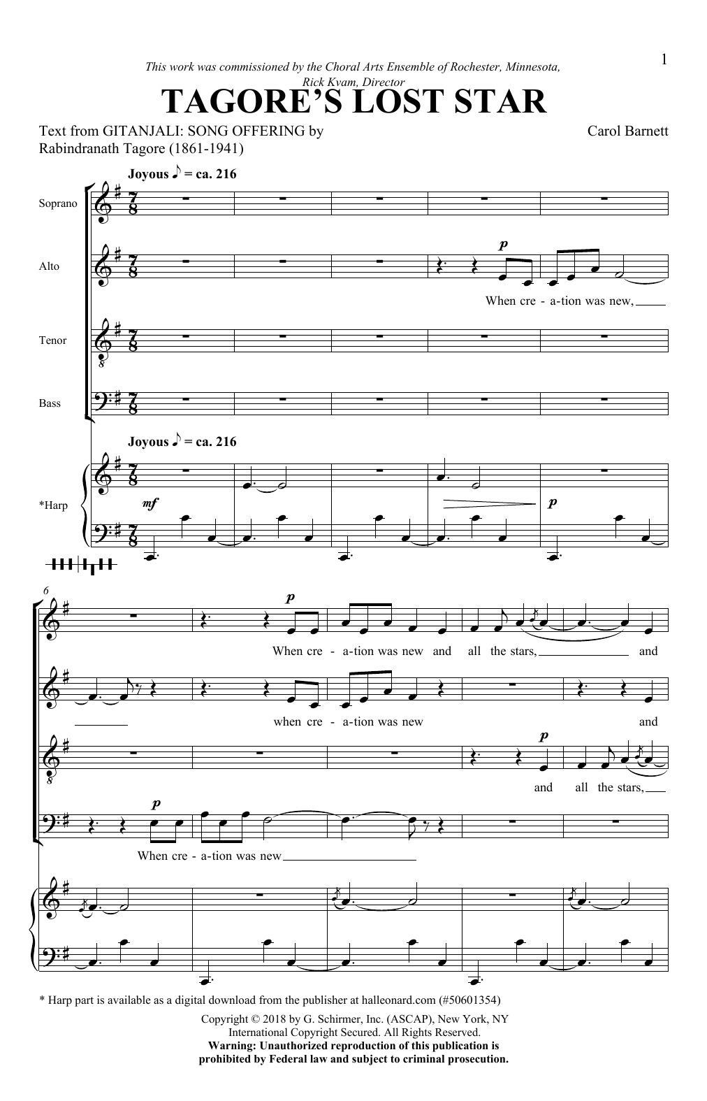Carol Barnett Tagore's Lost Star Sheet Music Notes & Chords for SATB - Download or Print PDF