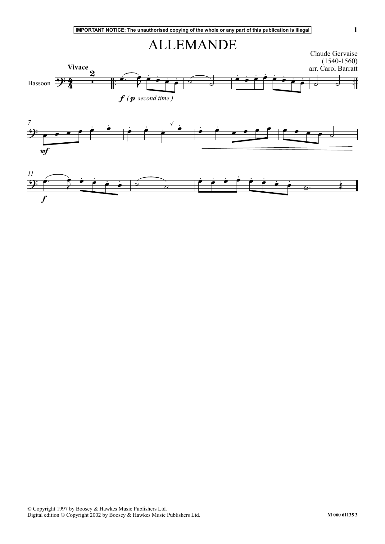 Carol Barratt Allemande Sheet Music Notes & Chords for Instrumental Solo - Download or Print PDF