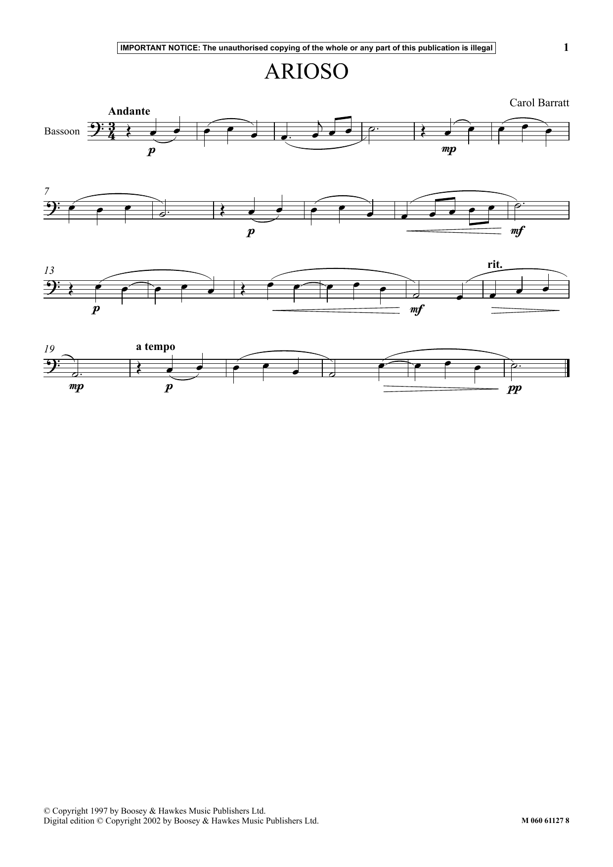 Carol Barratt Arioso Sheet Music Notes & Chords for Instrumental Solo - Download or Print PDF