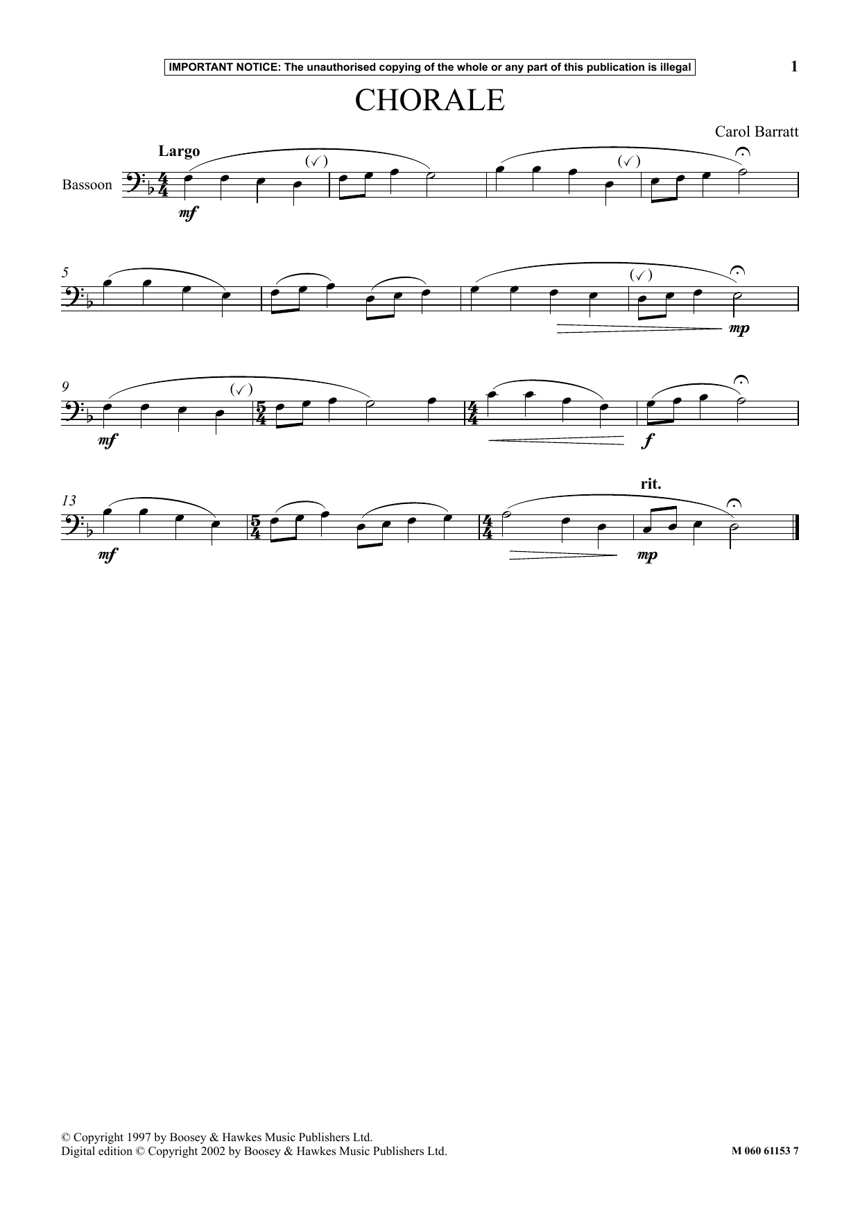Carol Barratt Chorale Sheet Music Notes & Chords for Instrumental Solo - Download or Print PDF