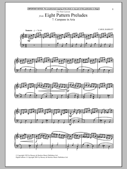 Carol Barratt Eight Pattern Preludes, 7. Campane In Aria Sheet Music Notes & Chords for Piano - Download or Print PDF Carol Barratt Eight Pattern Preludes, 7. Campane In Aria Sheet Music Notes & Chords for Piano - Download or Print PDF