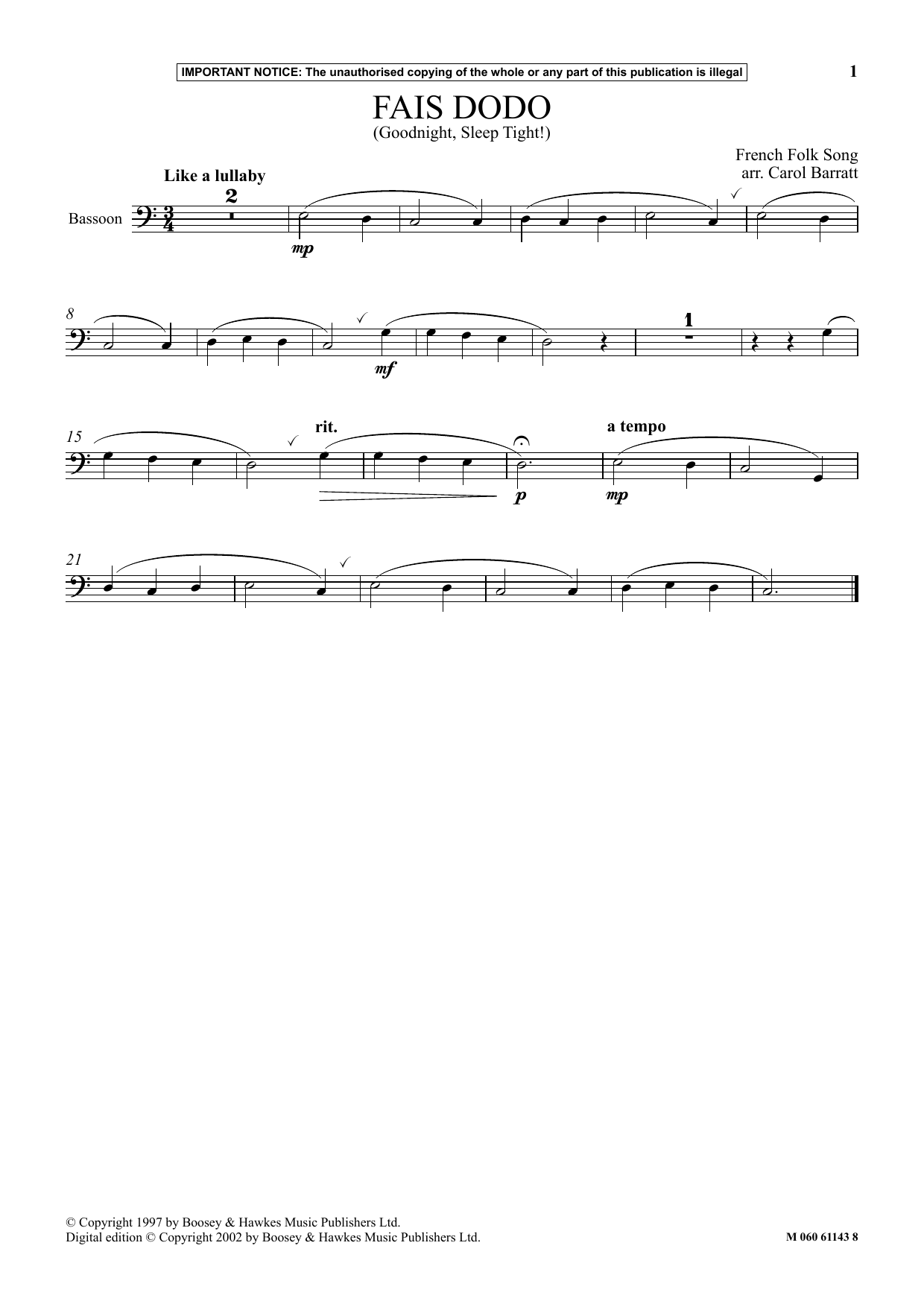 Carol Barratt Fais Dodo (Goodnight, Sleep Tight) Sheet Music Notes & Chords for Instrumental Solo - Download or Print PDF