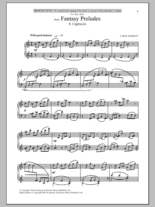 Carol Barratt Fantasy Preludes, 8. Capriccio Sheet Music Notes & Chords for Piano - Download or Print PDF
