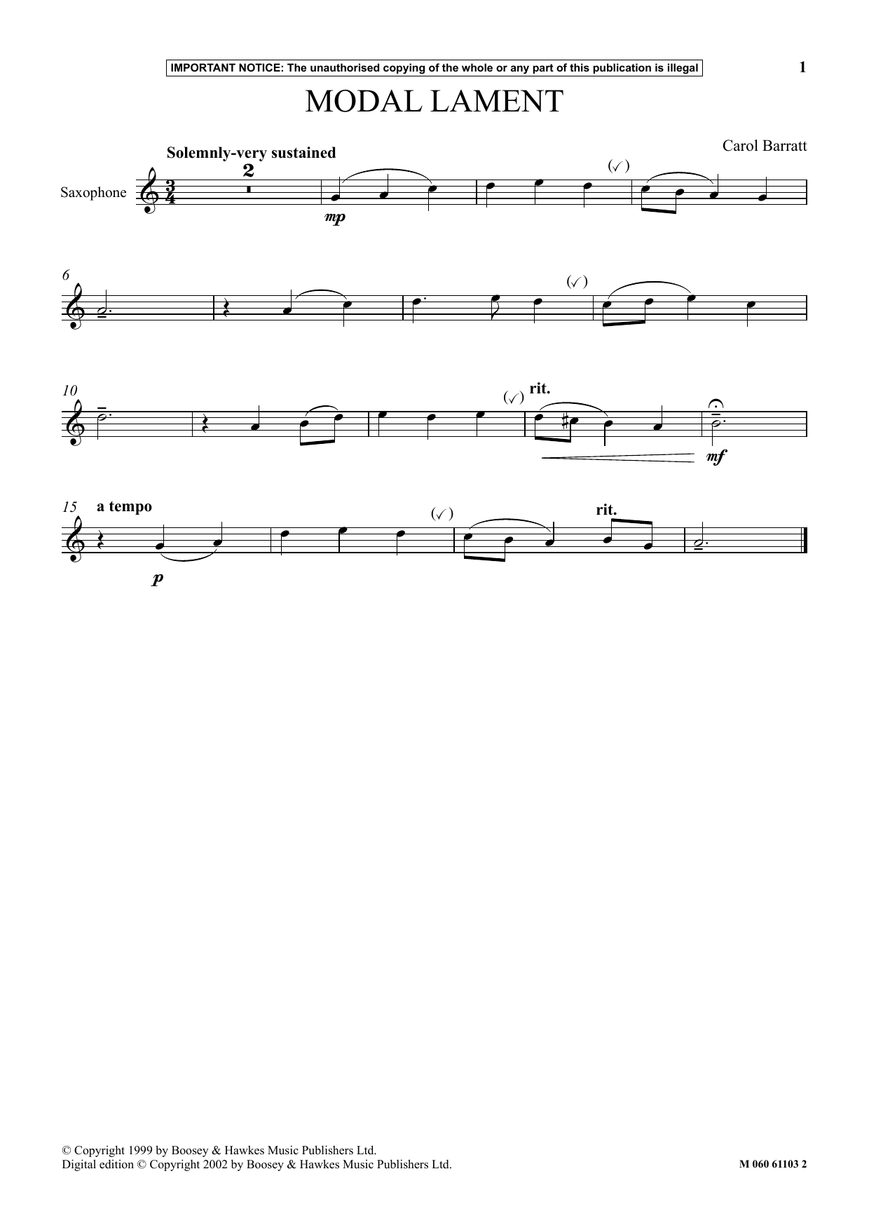 Carol Barratt Modal Lament Sheet Music Notes & Chords for Instrumental Solo - Download or Print PDF