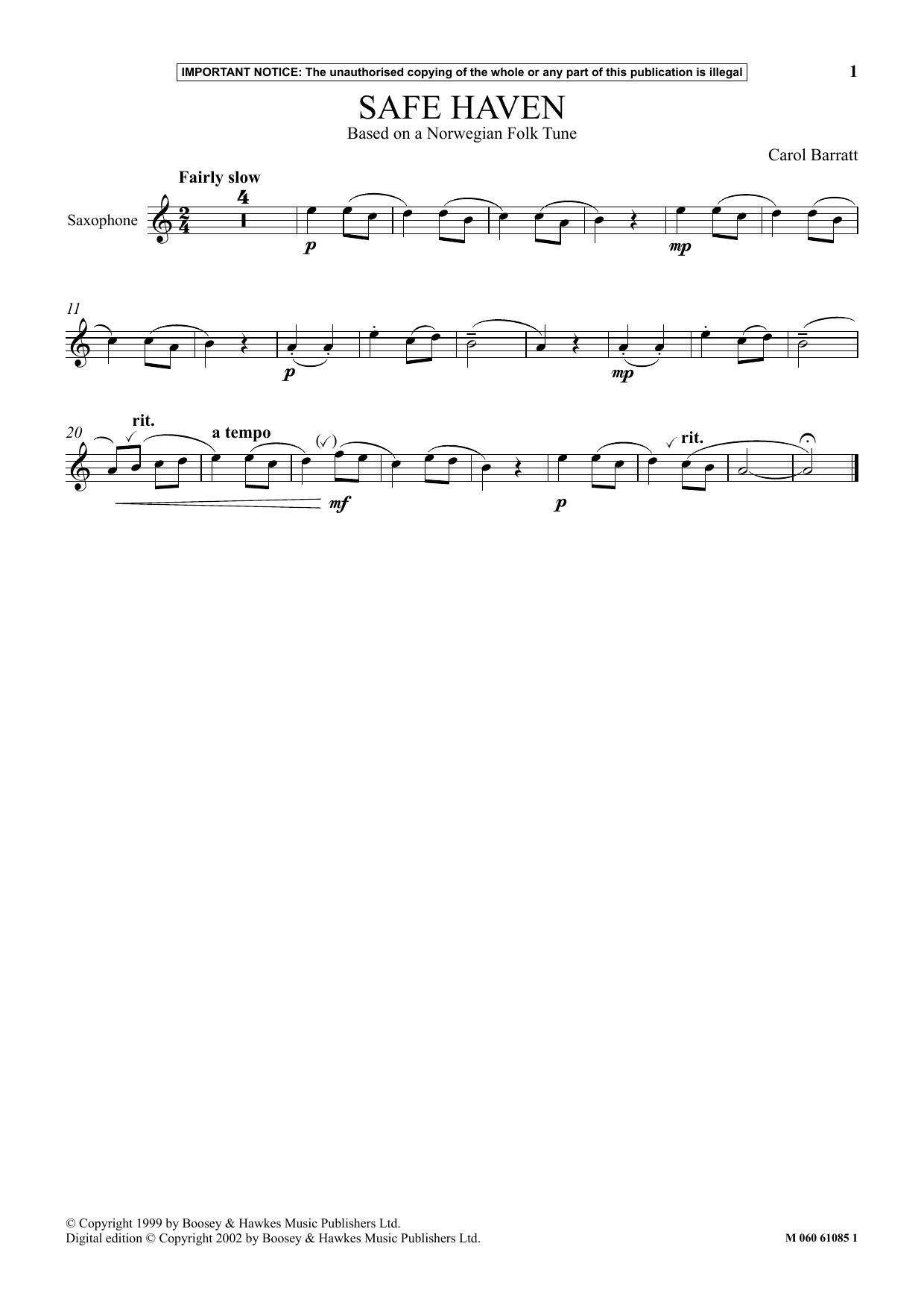 Carol Barratt Safe Haven Sheet Music Notes & Chords for Instrumental Solo - Download or Print PDF