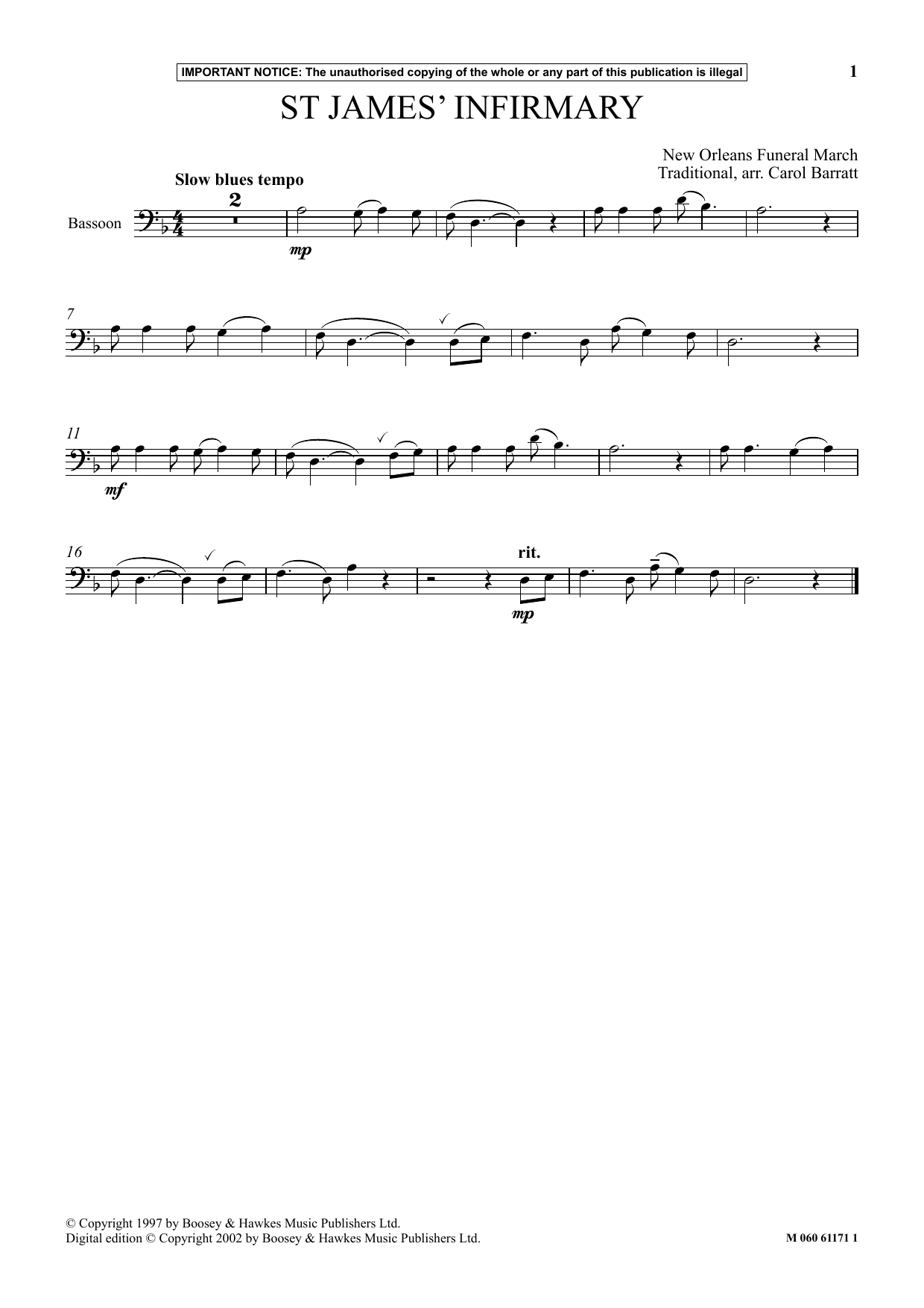 Carol Barratt Saint James Infirmary Sheet Music Notes & Chords for Instrumental Solo - Download or Print PDF