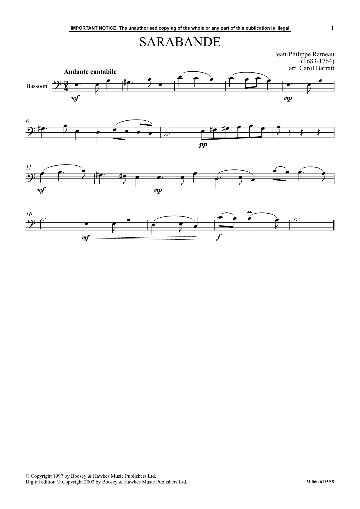 Carol Barratt Sarabande Sheet Music Notes & Chords for Instrumental Solo - Download or Print PDF