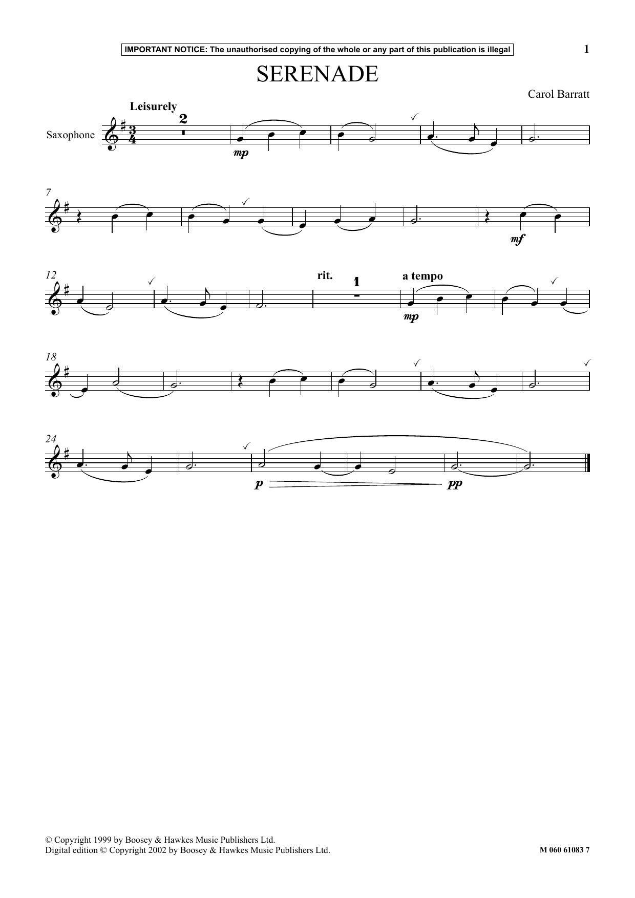 Carol Barratt Serenade Sheet Music Notes & Chords for Instrumental Solo - Download or Print PDF