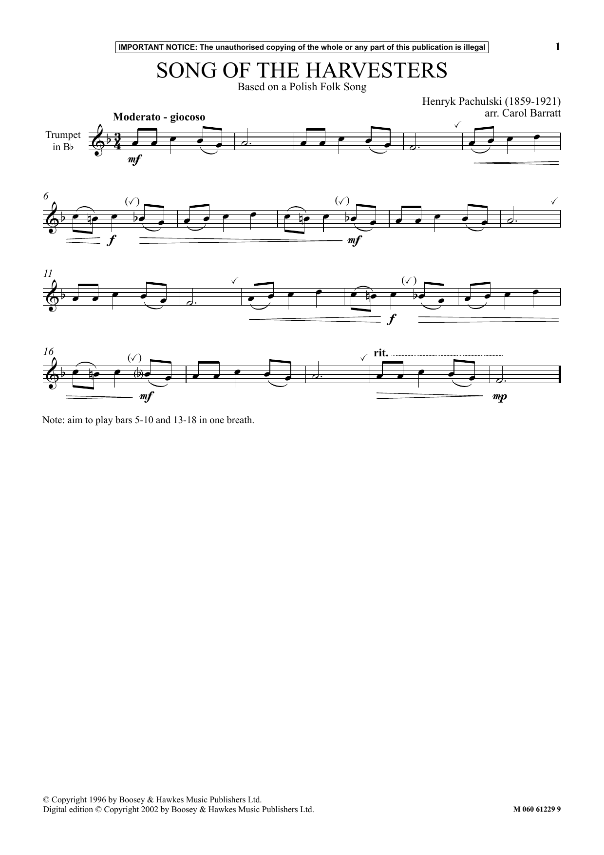 Carol Barratt Song Of The Harvesters Sheet Music Notes & Chords for Instrumental Solo - Download or Print PDF