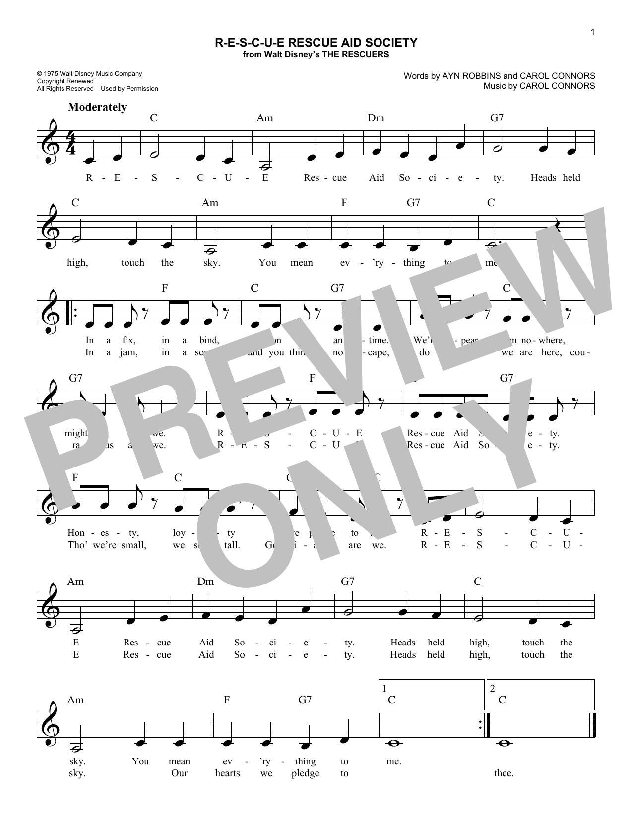 Carol Connors R-E-S-C-U-E Rescue Aid Society Sheet Music Notes & Chords for Melody Line, Lyrics & Chords - Download or Print PDF