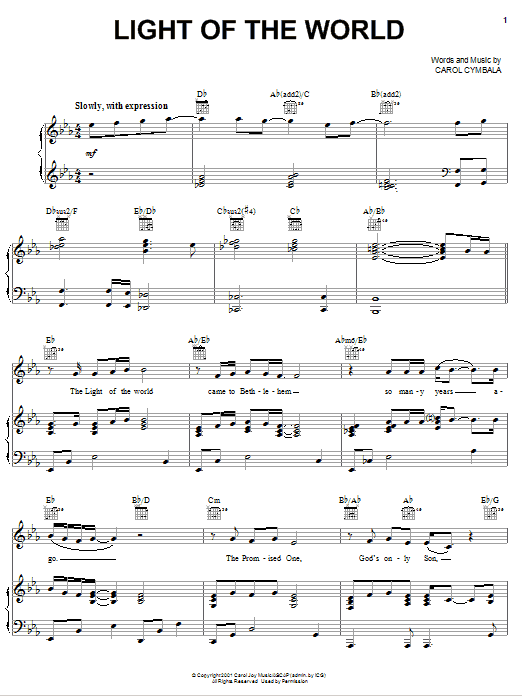 Carol Cymbala Light Of The World Sheet Music Notes & Chords for Piano, Vocal & Guitar (Right-Hand Melody) - Download or Print PDF