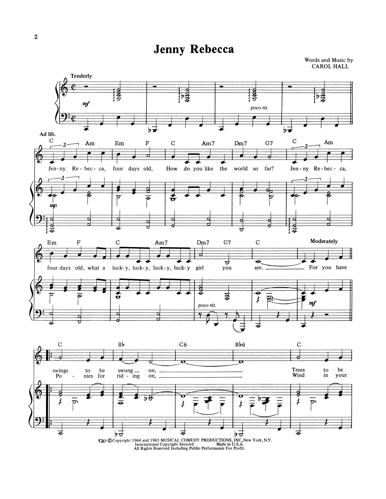 Carol Hall Jenny Rebecca Sheet Music Notes & Chords for Piano, Vocal & Guitar (Right-Hand Melody) - Download or Print PDF