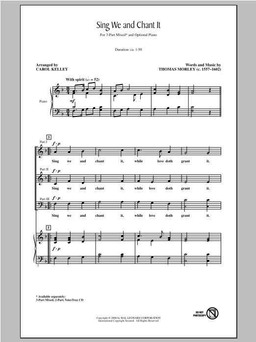 Thomas Morley Sing We And Chant It (arr. Carol Kelley) Sheet Music Notes & Chords for 2-Part Choir - Download or Print PDF
