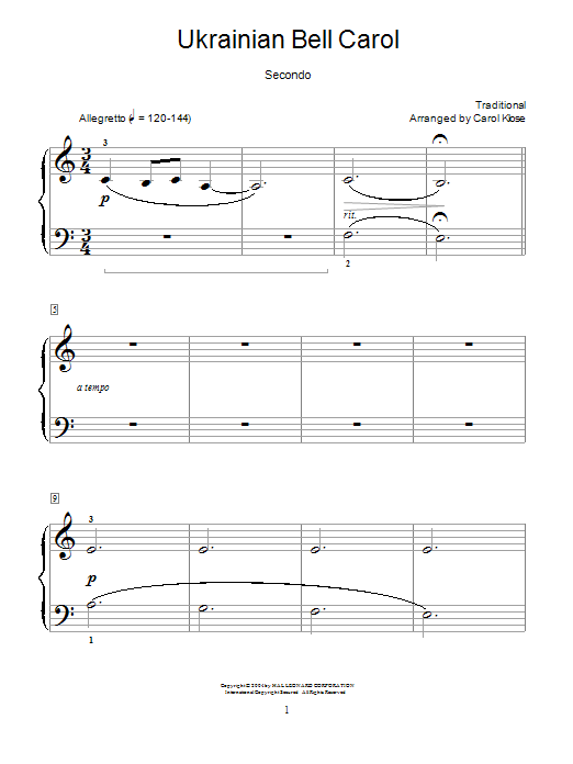Carol Klose Ukrainian Bell Carol Sheet Music Notes & Chords for Piano Duet - Download or Print PDF