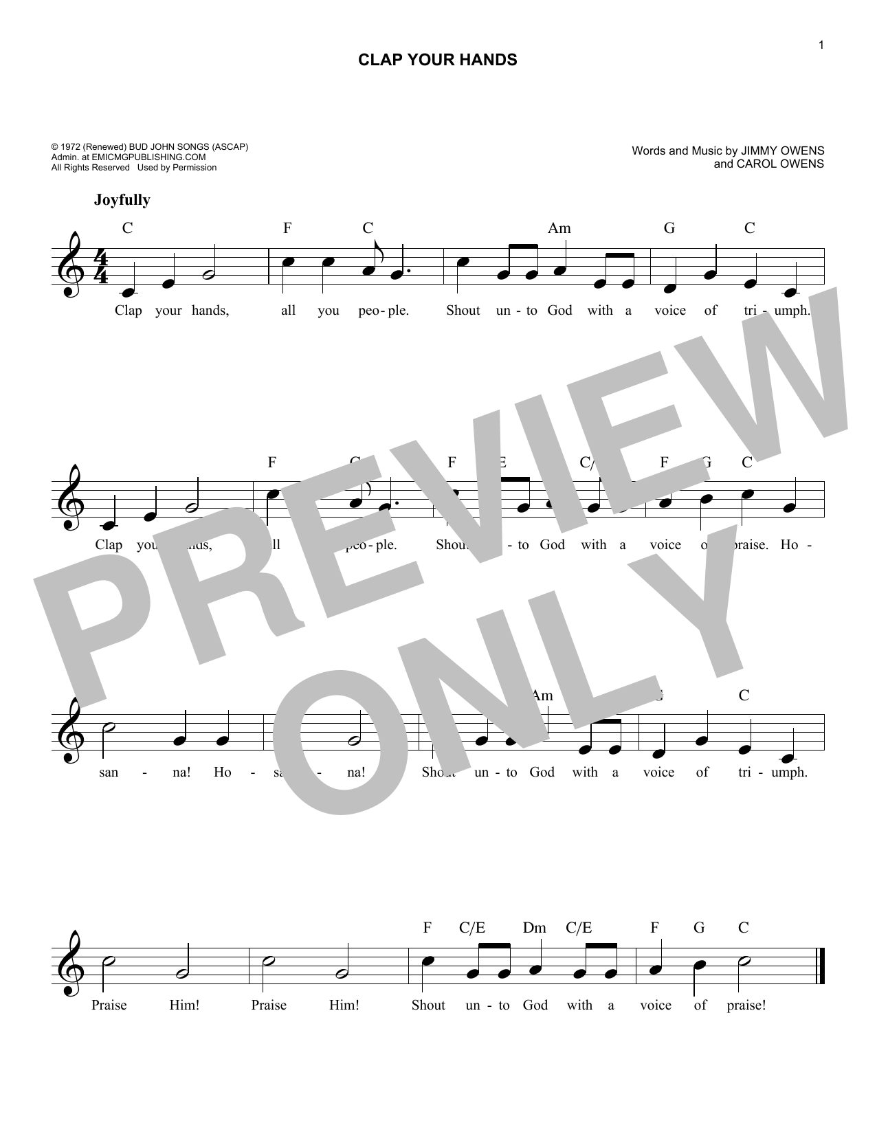 Carol Owens Clap Your Hands Sheet Music Notes & Chords for Melody Line, Lyrics & Chords - Download or Print PDF