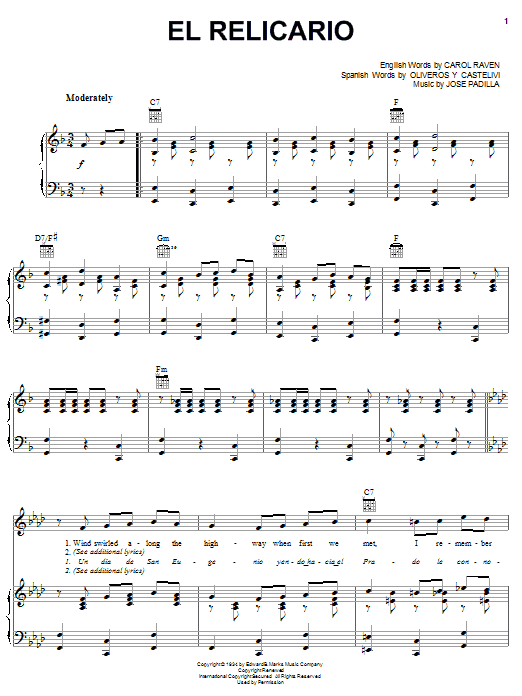 Carol Raven El Relicario (Shrine Of Love) Sheet Music Notes & Chords for Piano, Vocal & Guitar (Right-Hand Melody) - Download or Print PDF