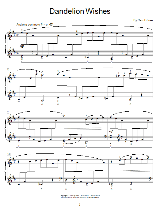 Preview Carol Klose Dandelion Wishes Children sheet music, notes and chords for Educational Piano, SKU: 70592 Dandelion Wishes sheet music
