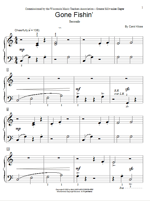 Preview Carol Klose Gone Fishin' (Piano Duet) Children sheet music, notes and chords for Educational Piano, SKU: 74955 Gone Fishin' (Piano Duet) sheet music
