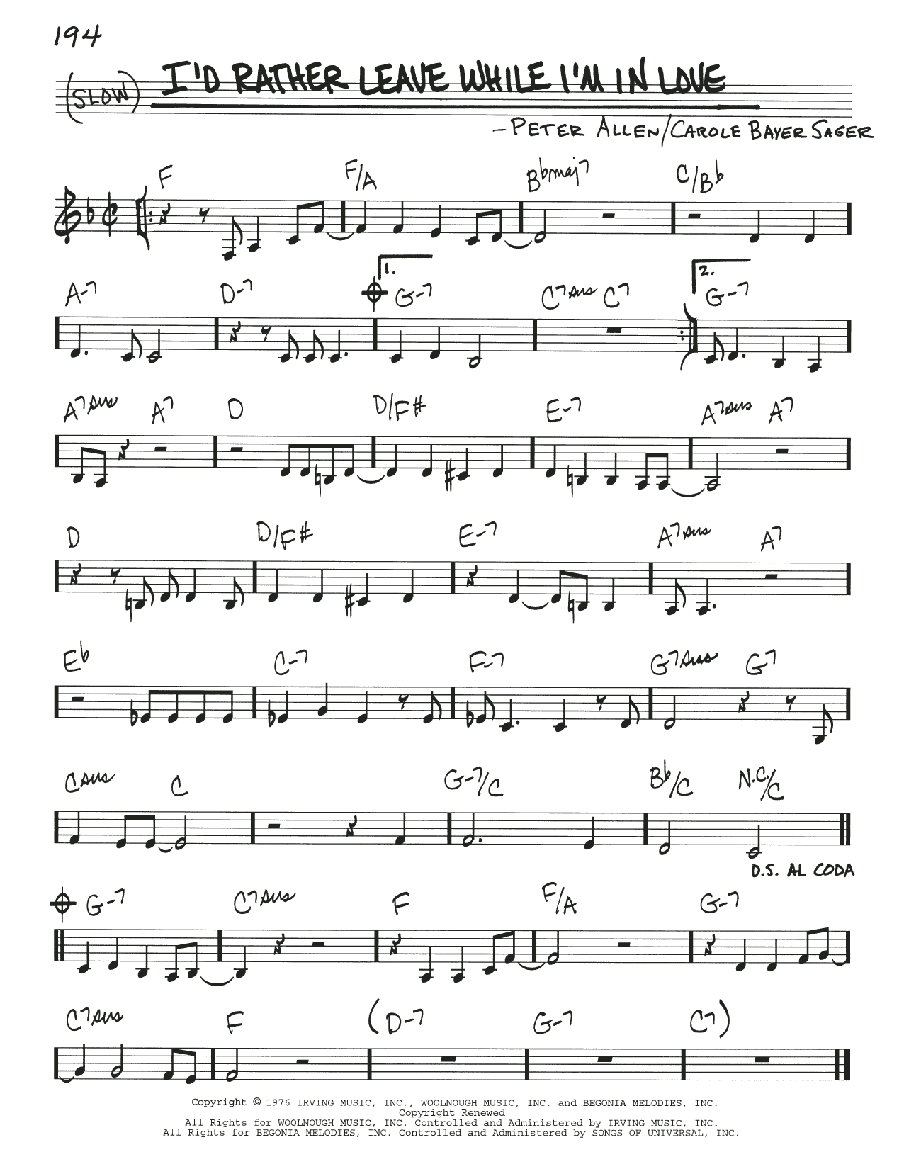 Carole Bayer Sager I'd Rather Leave While I'm In Love Sheet Music Notes & Chords for Real Book – Melody & Chords - Download or Print PDF