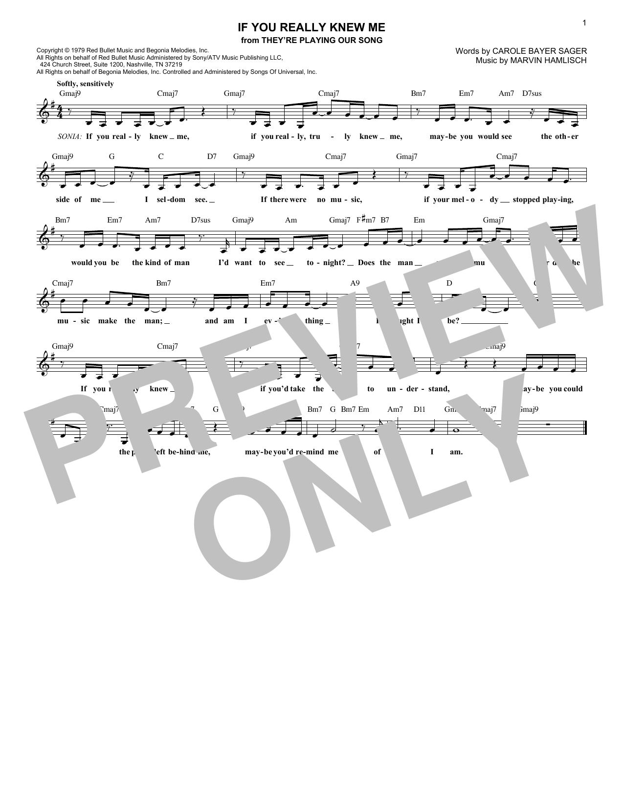 Carole Bayer Sager If You Really Knew Me Sheet Music Notes & Chords for Melody Line, Lyrics & Chords - Download or Print PDF