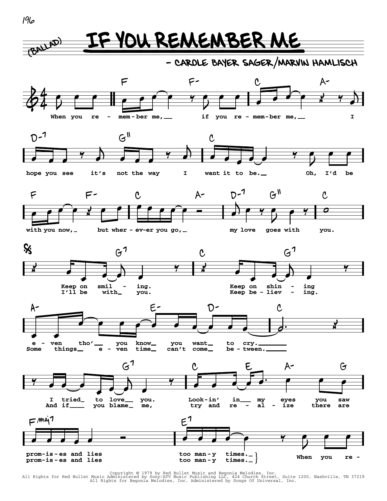 Carole Bayer Sager If You Remember Me (High Voice) Sheet Music Notes & Chords for Real Book – Melody, Lyrics & Chords - Download or Print PDF