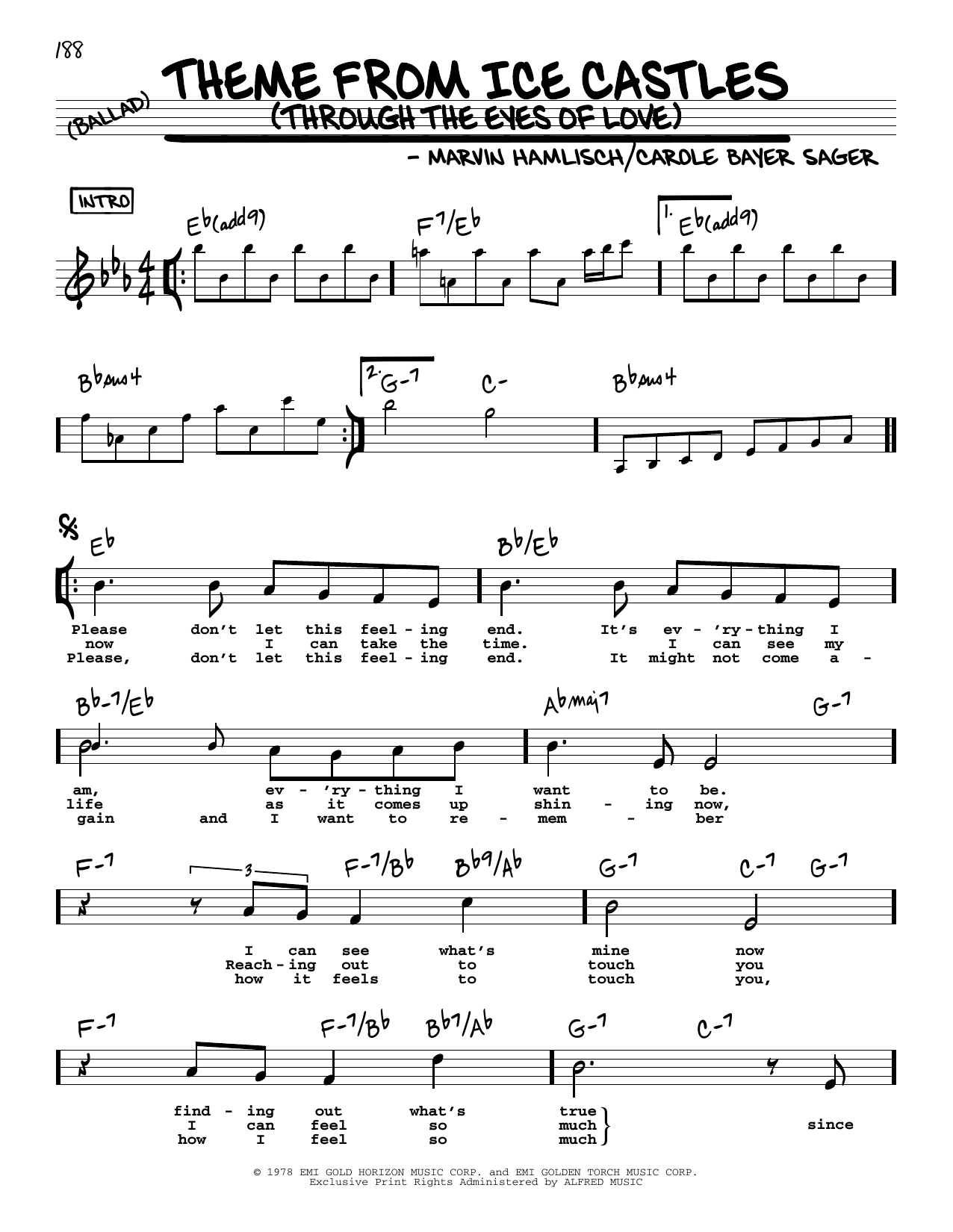 Carole Bayer Sager Theme From Ice Castles (Through The Eyes Of Love) (High Voice) Sheet Music Notes & Chords for Real Book – Melody, Lyrics & Chords - Download or Print PDF