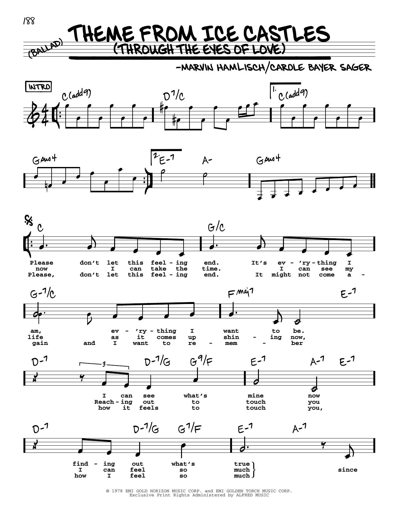 Carole Bayer Sager Theme From Ice Castles (Through The Eyes Of Love) (Low Voice) Sheet Music Notes & Chords for Real Book – Melody, Lyrics & Chords - Download or Print PDF