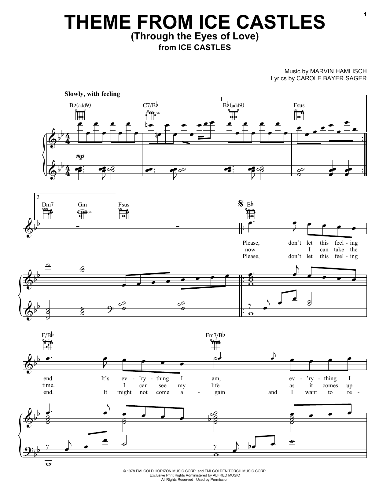 Carole Bayer Sager Theme From Ice Castles (Through The Eyes Of Love) Sheet Music Notes & Chords for Piano, Vocal & Guitar (Right-Hand Melody) - Download or Print PDF