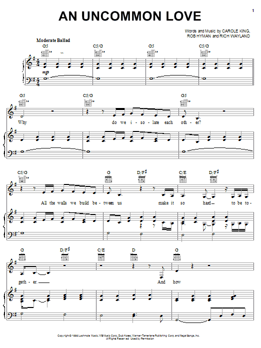 Carole King An Uncommon Love Sheet Music Notes & Chords for Piano, Vocal & Guitar (Right-Hand Melody) - Download or Print PDF Carole King An Uncommon Love Sheet Music Notes & Chords for Piano, Vocal & Guitar (Right-Hand Melody) - Download or Print PDF