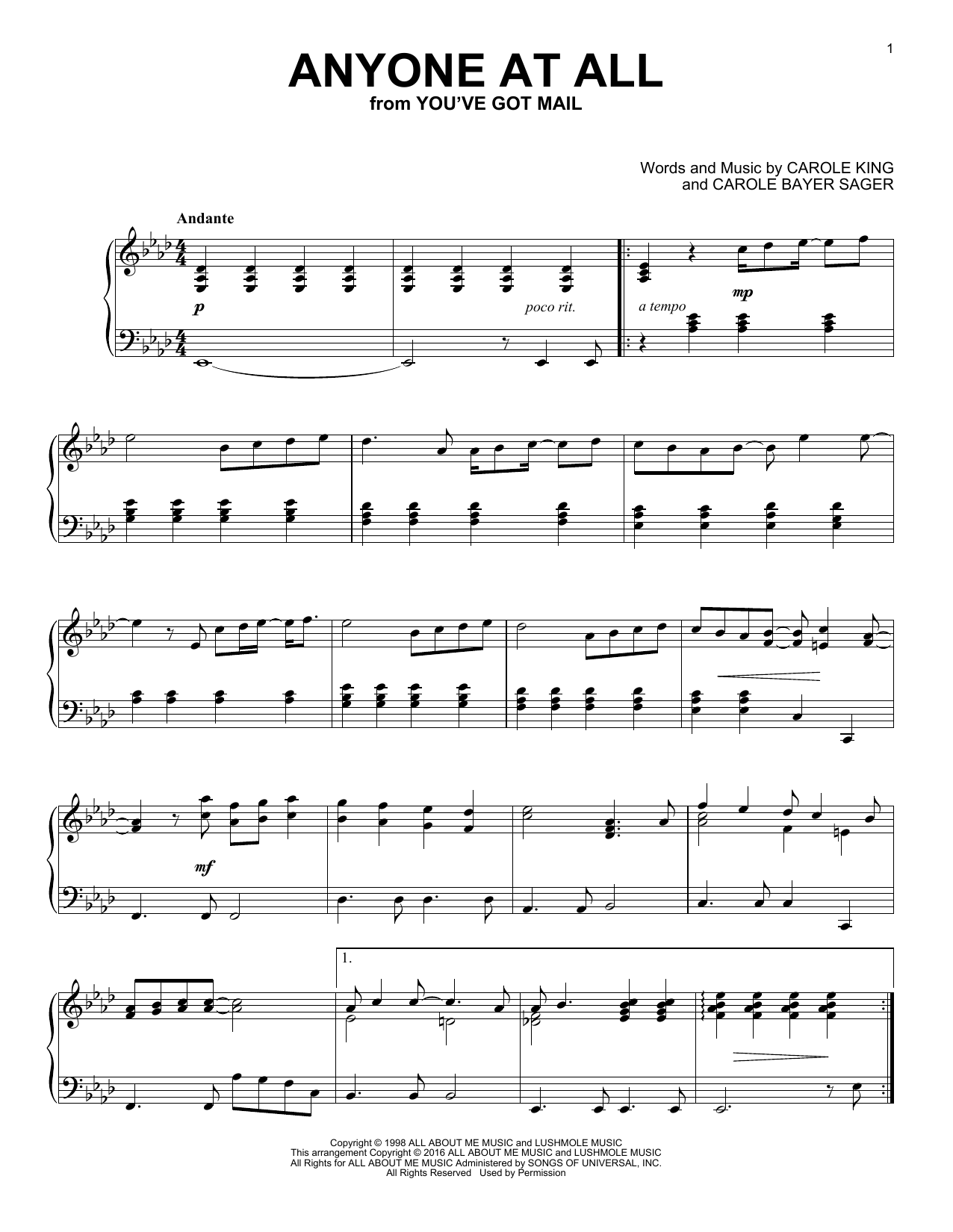Carole King Anyone At All Sheet Music Notes & Chords for Piano - Download or Print PDF