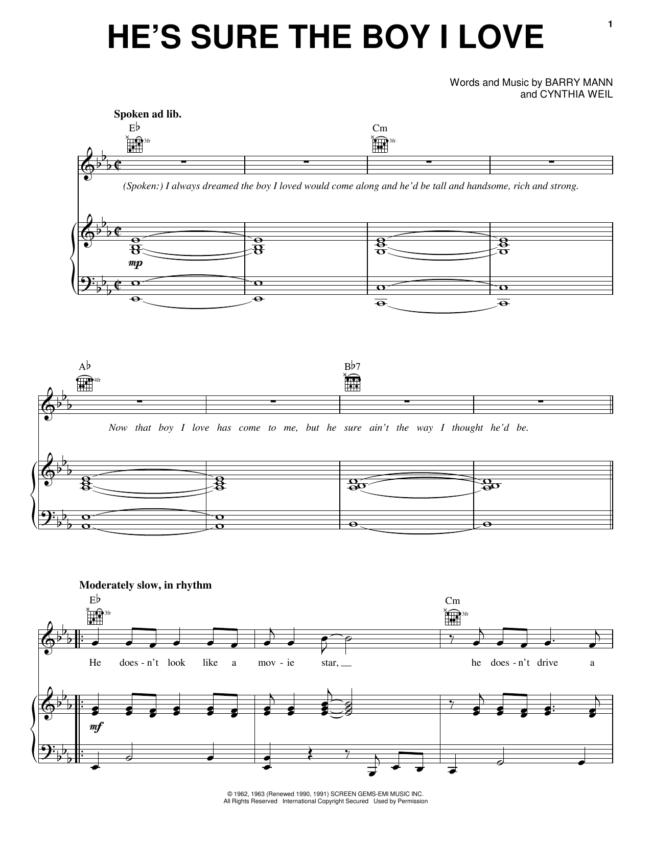 Carole King He's Sure The Boy I Love Sheet Music Notes & Chords for Piano, Vocal & Guitar (Right-Hand Melody) - Download or Print PDF