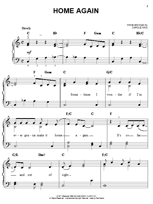 Carole King Home Again Sheet Music Notes & Chords for Keyboard Transcription - Download or Print PDF