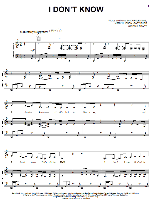 Carole King I Don't Know Sheet Music Notes & Chords for Piano, Vocal & Guitar (Right-Hand Melody) - Download or Print PDF