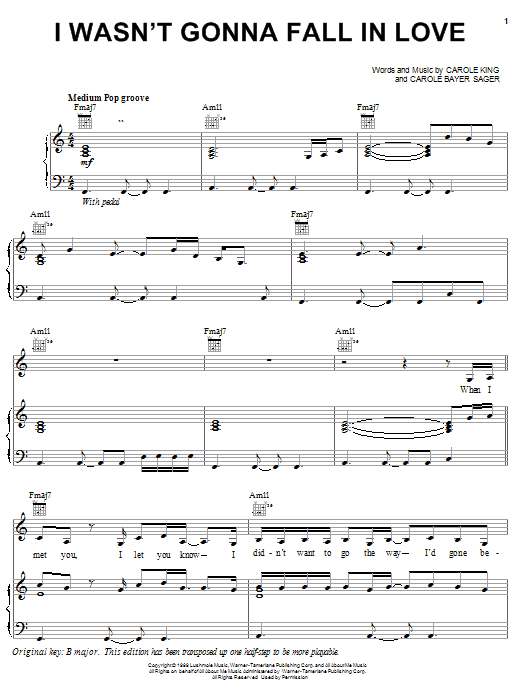 Carole King I Wasn't Gonna Fall In Love Sheet Music Notes & Chords for Piano, Vocal & Guitar (Right-Hand Melody) - Download or Print PDF Carole King I Wasn't Gonna Fall In Love Sheet Music Notes & Chords for Piano, Vocal & Guitar (Right-Hand Melody) - Download or Print PDF