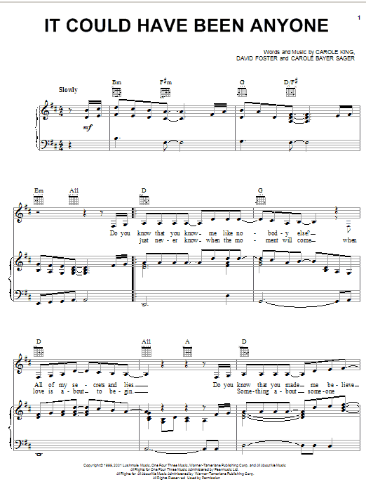 Carole King It Could Have Been Anyone Sheet Music Notes & Chords for Piano, Vocal & Guitar (Right-Hand Melody) - Download or Print PDF