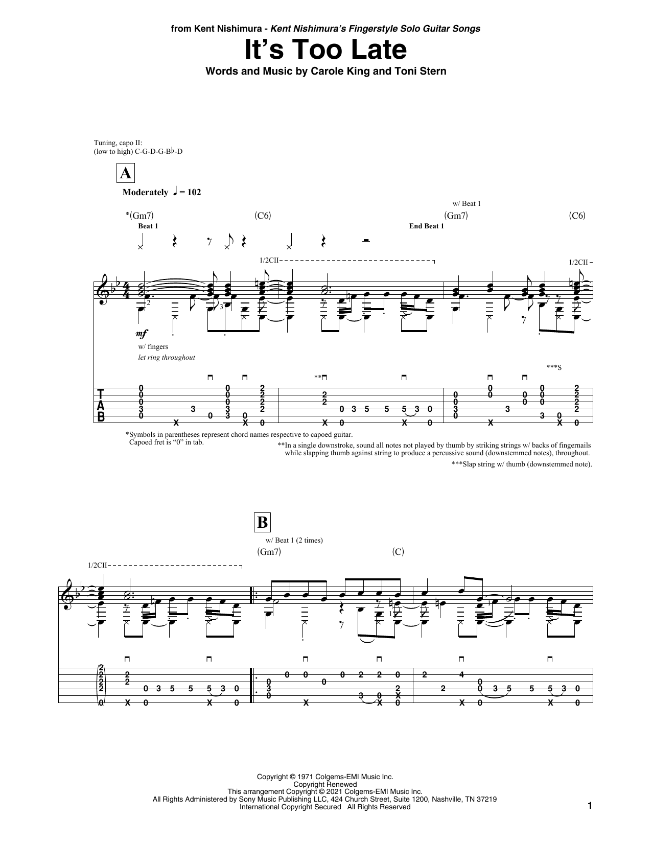 Carole King It's Too Late (arr. Kent Nishimura) Sheet Music Notes & Chords for Solo Guitar - Download or Print PDF