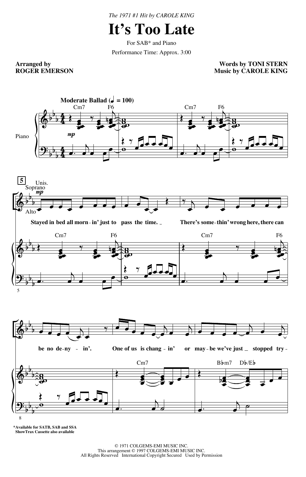 Carole King It's Too Late (arr. Roger Emerson) Sheet Music Notes & Chords for SATB Choir - Download or Print PDF