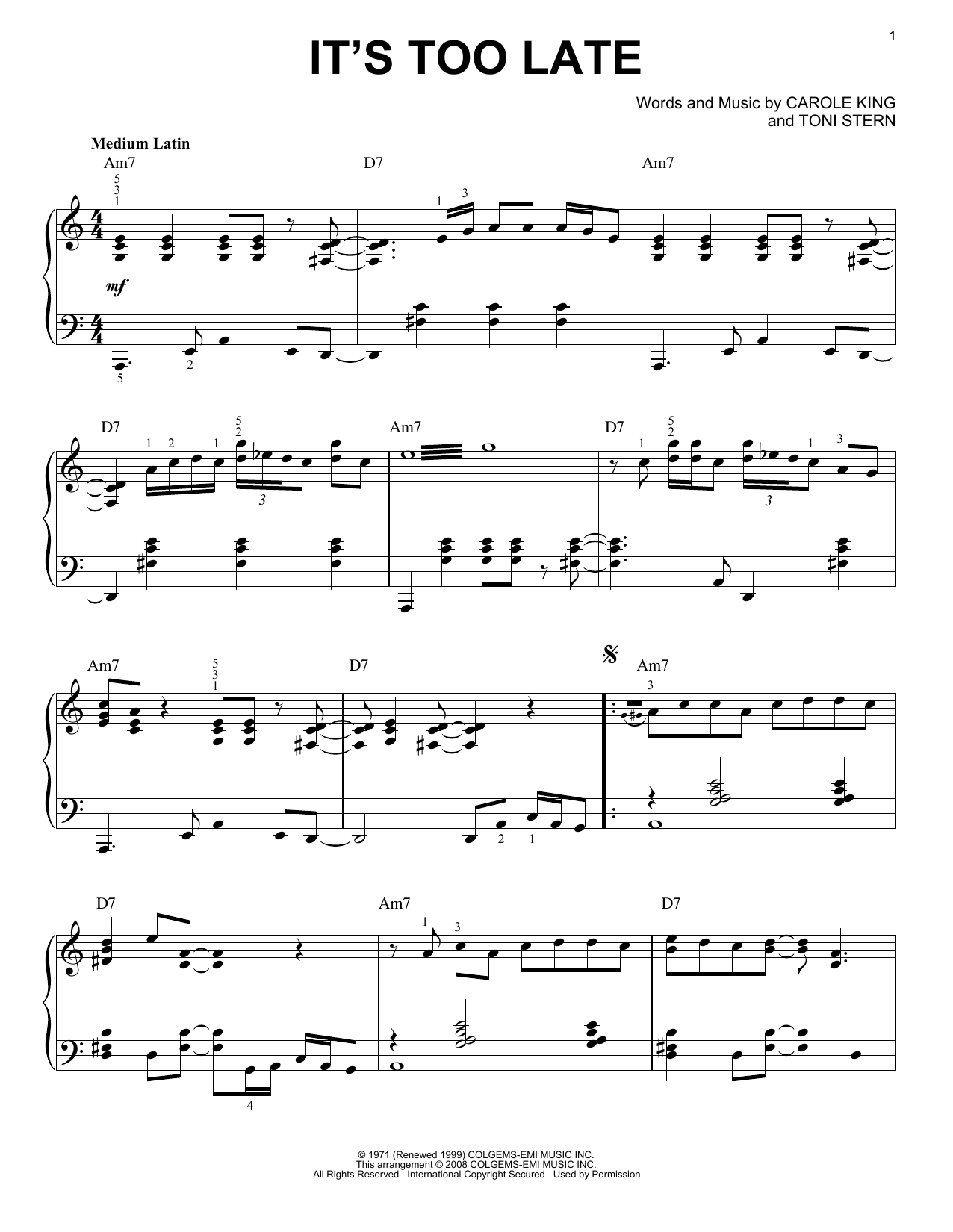 Carole King It's Too Late [Jazz version] (arr. Brent Edstrom) Sheet Music Notes & Chords for Piano - Download or Print PDF
