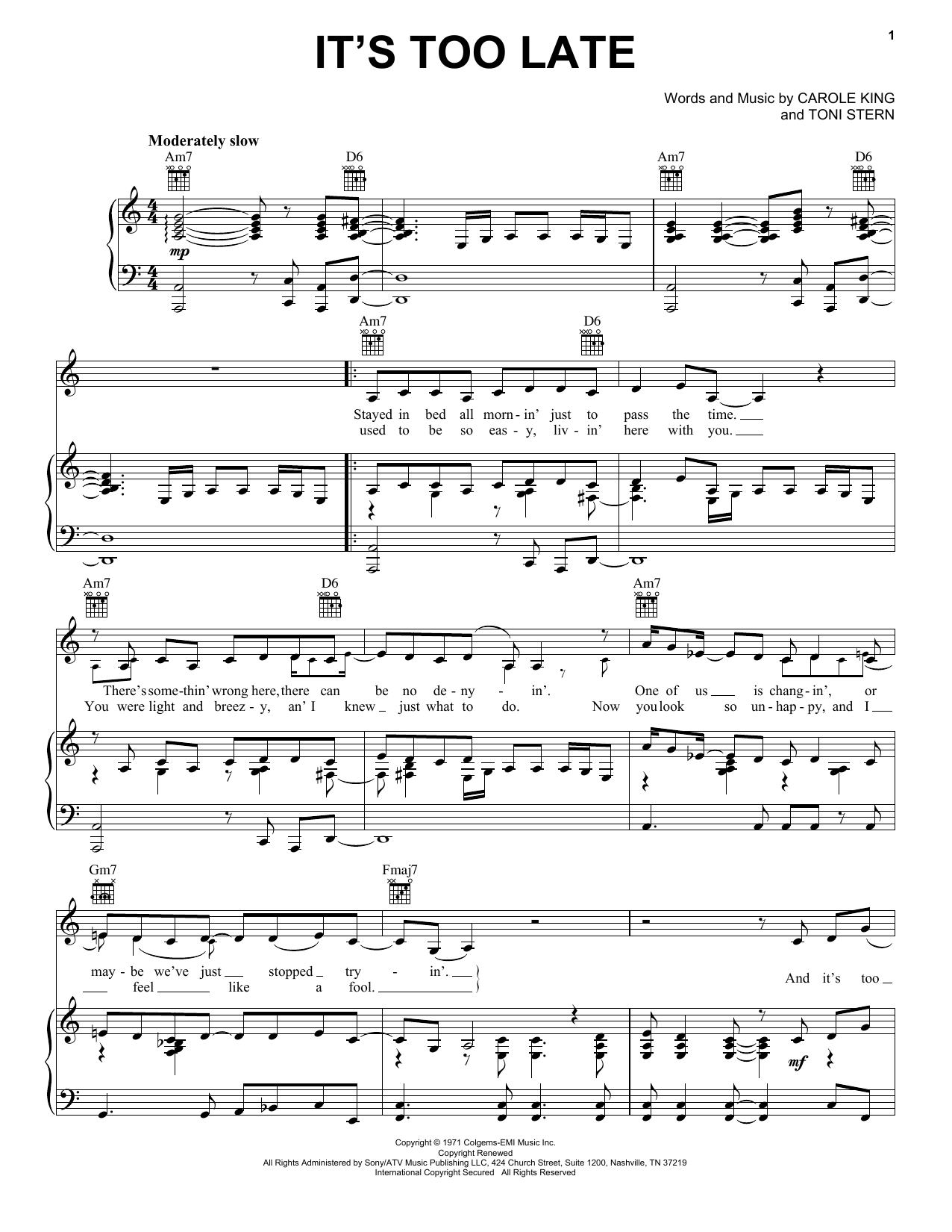 Carole King It's Too Late Sheet Music Notes & Chords for Real Book - Melody & Chords - C Instruments - Download or Print PDF