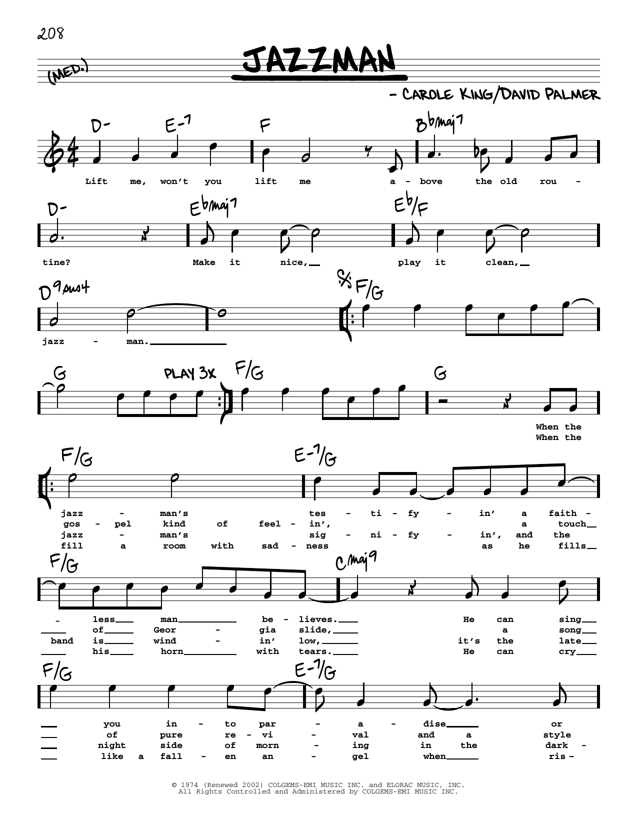 Carole King Jazzman (High Voice) Sheet Music Notes & Chords for Real Book – Melody, Lyrics & Chords - Download or Print PDF