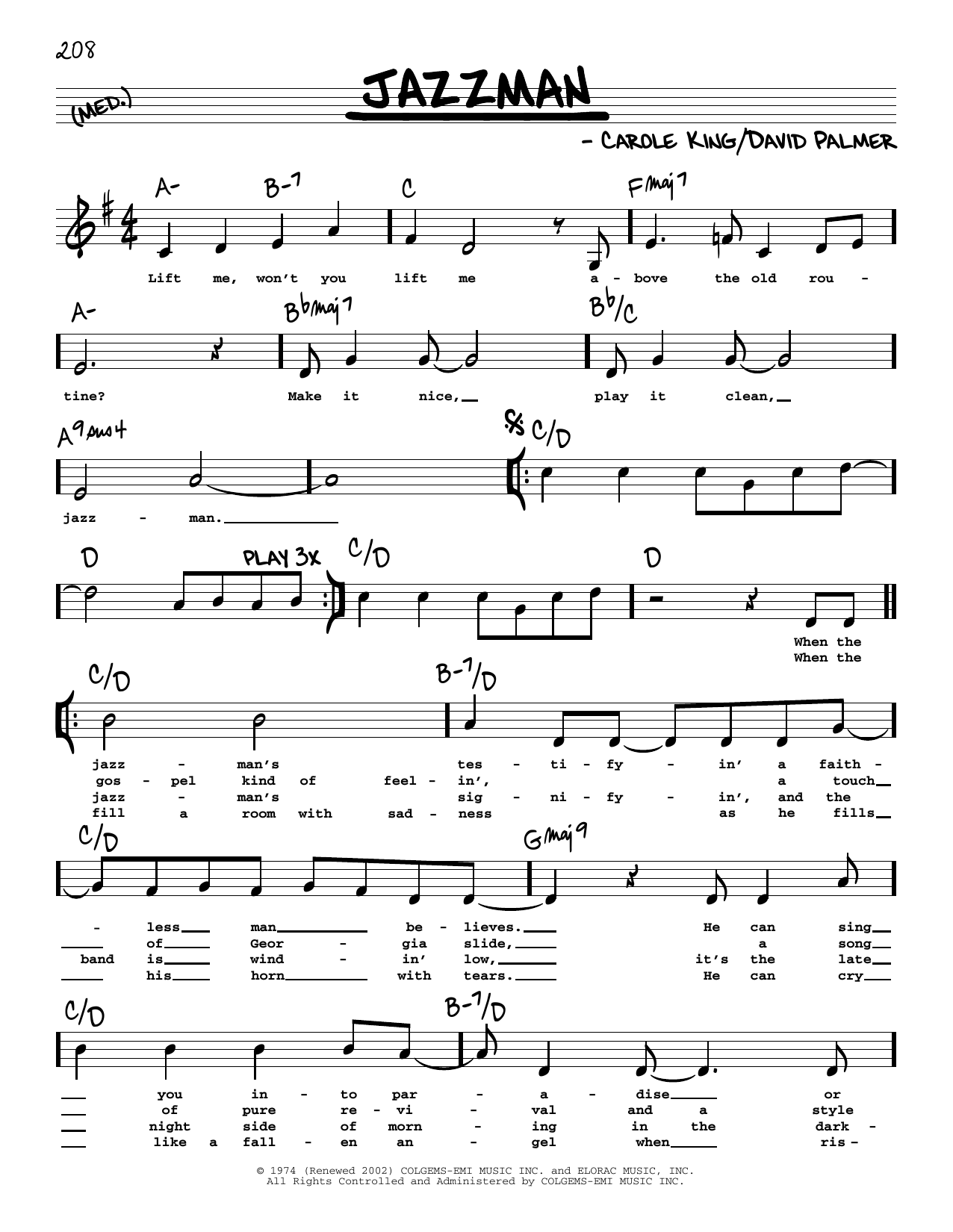 Carole King Jazzman (Low Voice) Sheet Music Notes & Chords for Real Book – Melody, Lyrics & Chords - Download or Print PDF