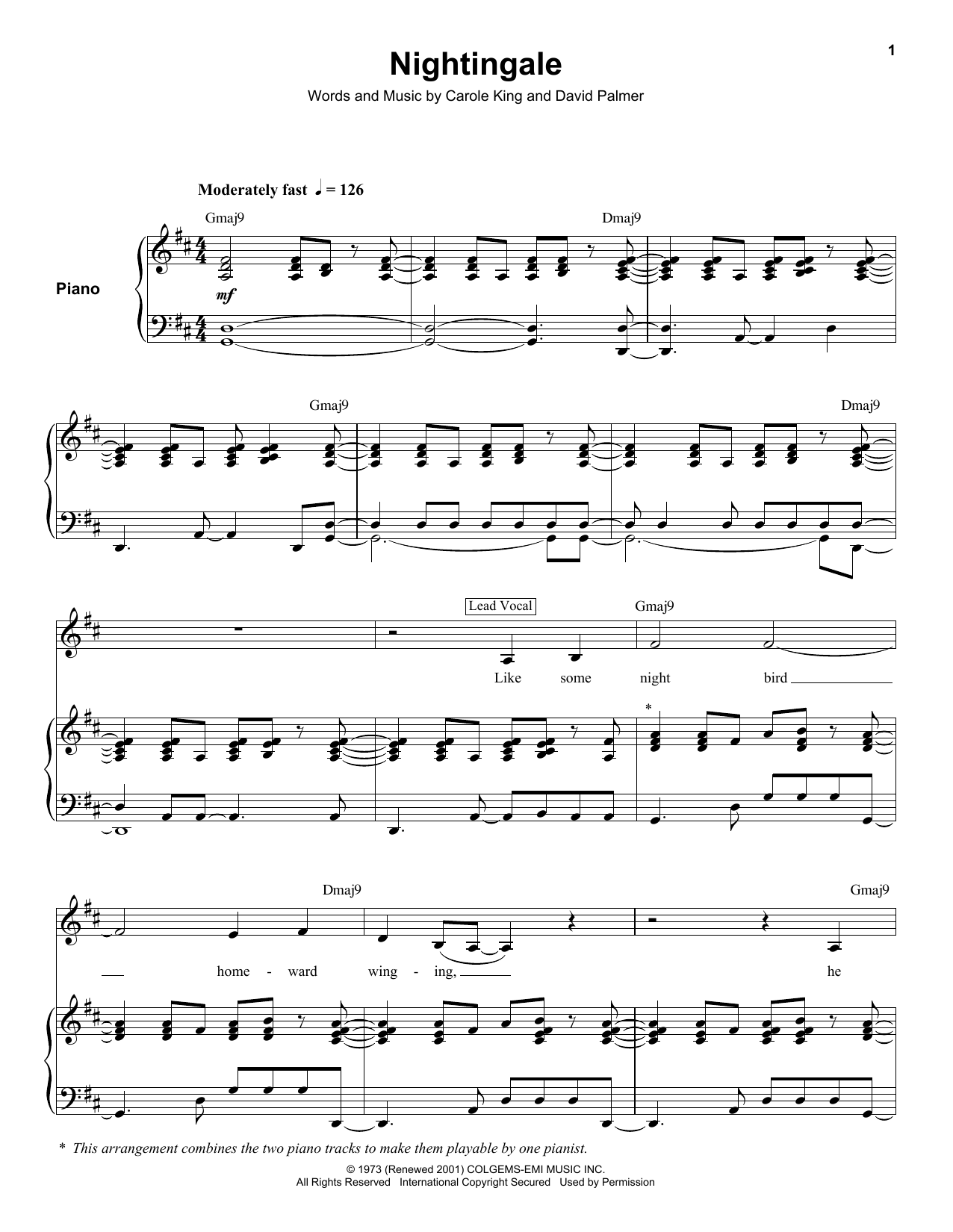 Carole King Nightingale Sheet Music Notes & Chords for Keyboard Transcription - Download or Print PDF